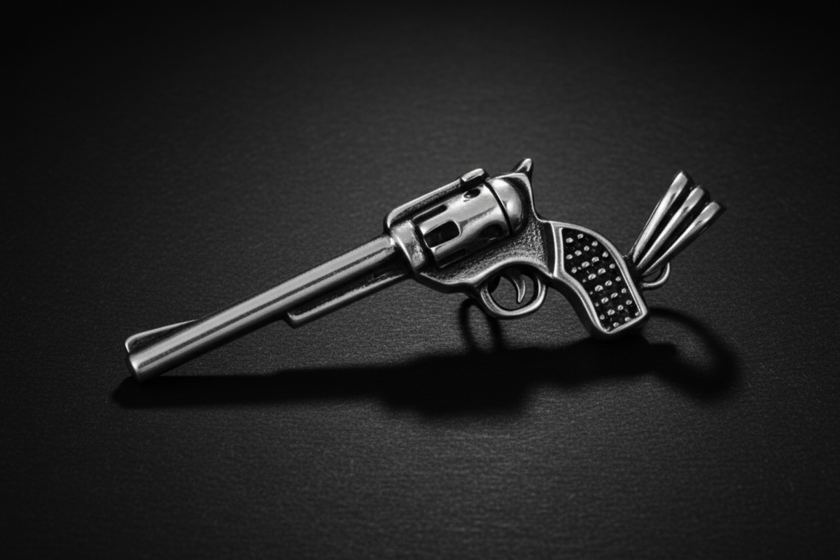 Silver revolver pendant on a black background